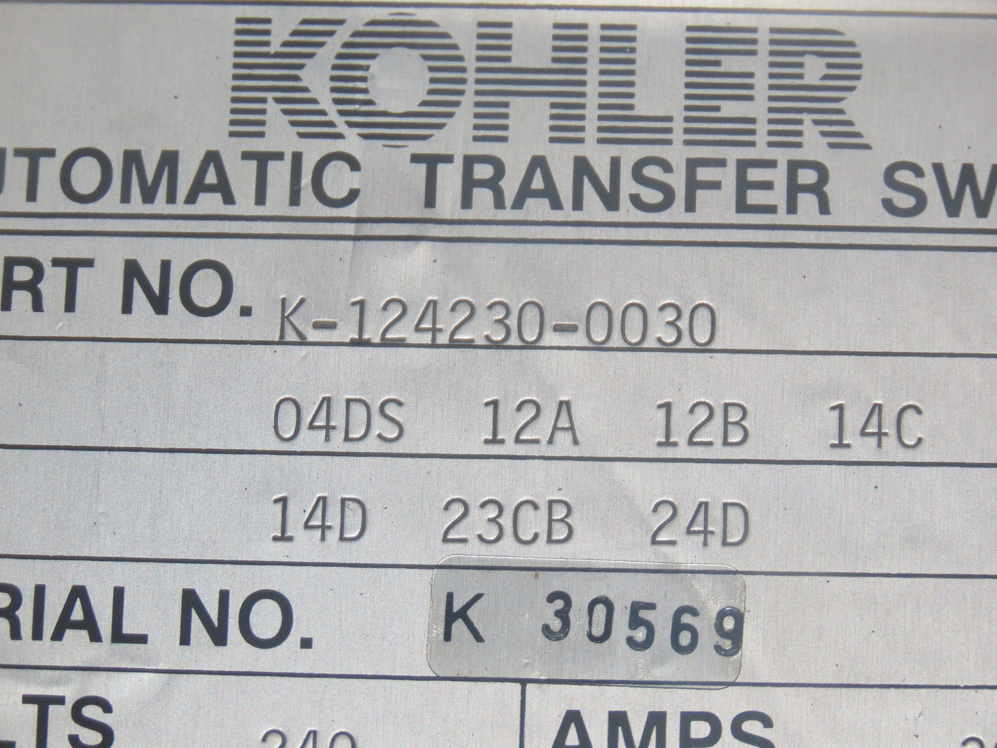Kohler K-124230-0030 Automatic Transfer Switch 204V 30A Generator Backup Control
