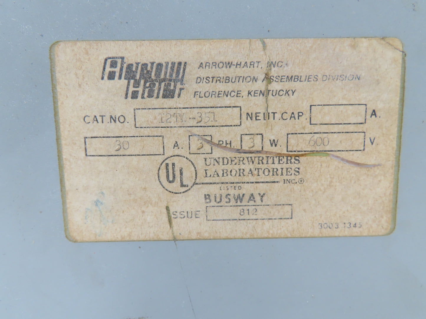 Arrow Hart 12TW-351 Plug-In Fused Disconnect Bus Unit 30A 600V 20HP 3 Pole