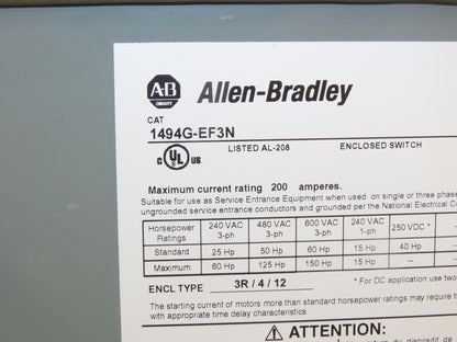 Allen Bradley 1494G-EF3N Combination Starter 200A 150HP 600V 3ph No Starter