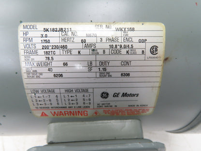 GE General Electric 5K182JB211 AC Motor 3Hp 1750 RPM 230/460V 3PH 182TC ODP