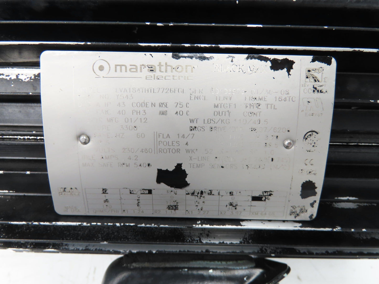 Marathon Y543 Inverter Duty AC Motor 5Hp 1765-3500 RPM 230/460V 3PH 184TC