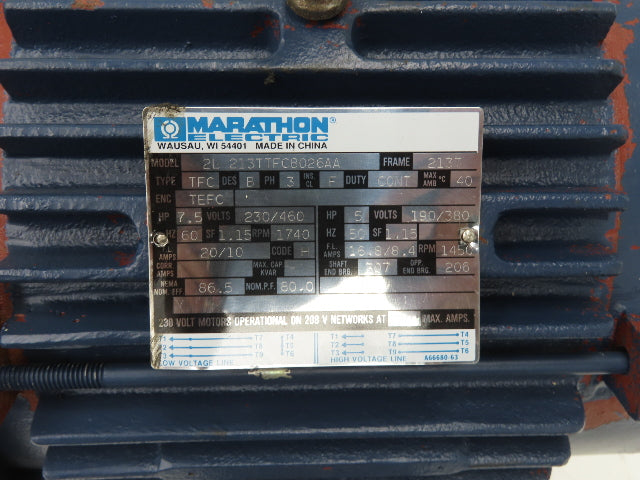 Marathon TFC 2L 213TTFC8026AA AC Motor 7.5Hp 1740 RPM 230/460V 3PH 213T TEFC