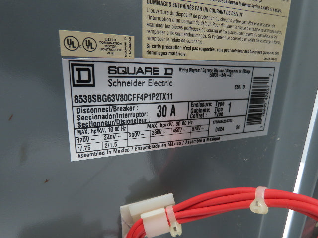 Square D 8538SBG63V80CFF4P1P2TX11 Combination Starter Fusible 30A 600V 3PH 2HP