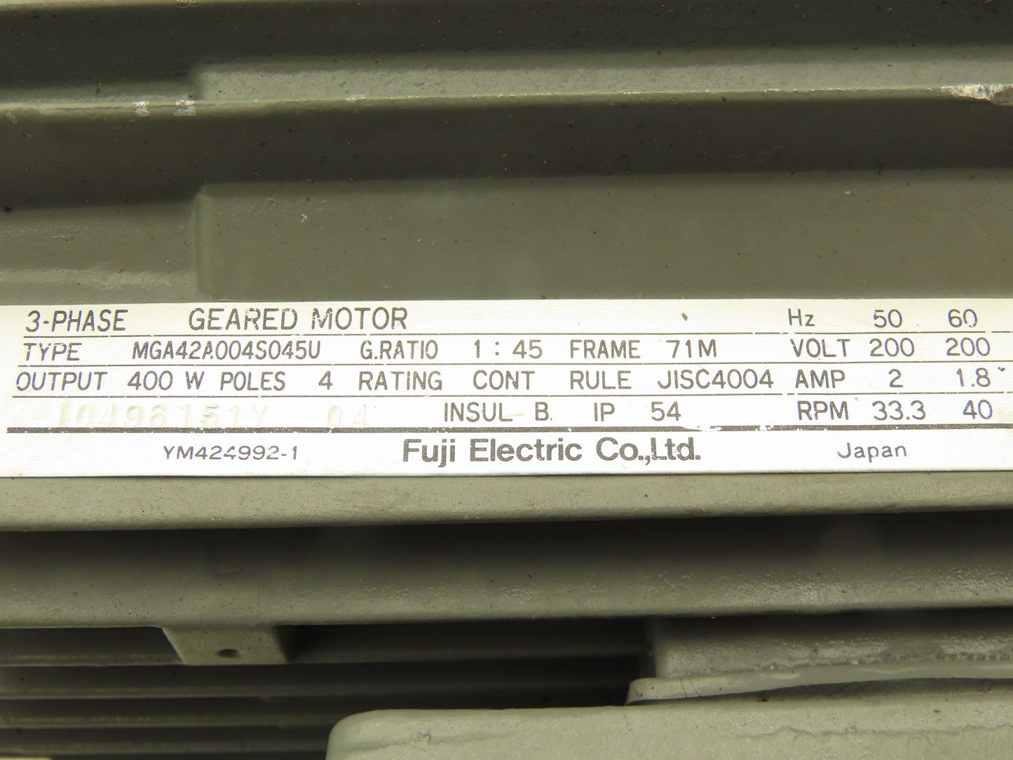 Fuji MGA42A004S045U Parallel Shaft Gearmotor 45:1 Ratio 40rpm 400W 220V 3PH 71M