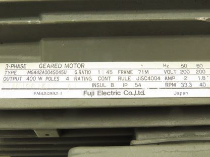 Fuji MGA42A004S045U Parallel Shaft Gearmotor 45:1 Ratio 40rpm 400W 220V 3PH 71M