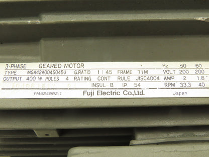 Fuji MGA42A004S045U Parallel Shaft Gearmotor 45:1 Ratio 40rpm 400W 220V 3PH 71M