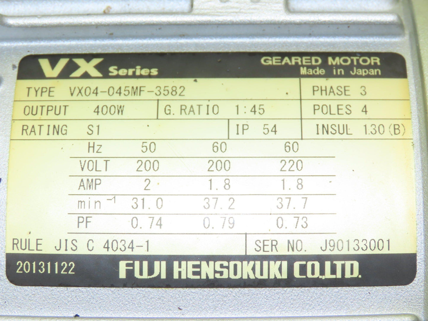 Fuji VX04-045MF-3582 Parallel Shaft Gearmotor 45:1 Ratio 40rpm 400W 220V 3PH 71M