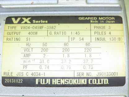 Fuji VX04-045MF-3582 Parallel Shaft Gearmotor 45:1 Ratio 40rpm 400W 220V 3PH 71M