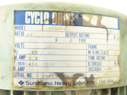 Sumitomo Cyclo-Drive CNVM05-5090-43 Inline Gearmotor 43:1 Ratio 40rpm 220V 3PH