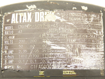 Sumitomo Cyclo Altax CNVM05-5097-B-43 Inline Gearmotor 43:1 Ratio 40rpm 220V 3PH