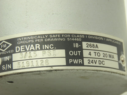 Devar 18-268A Pneumatic Air Pressure Transmitter 3/15psig 24vdc