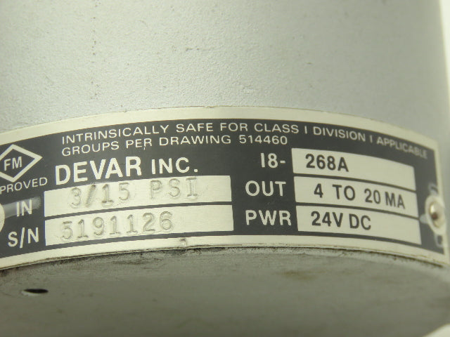 Devar 18-268A Pneumatic Air Pressure Transmitter 3/15psig 24vdc