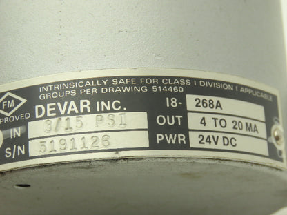 Devar 18-268A Pneumatic Air Pressure Transmitter 3/15psig 24vdc