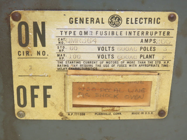 General Electric QMR364 Fusible Interrupter 60A 3Pole 600VAC 100HP