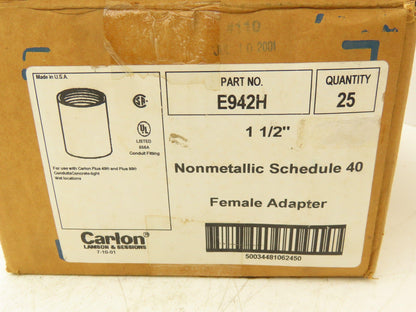 Carlon E942H PVC Female Conduit Adapter 1 1/2" Threaded Fitting Lot of 25
