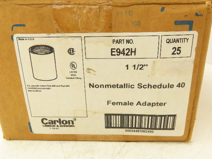 Carlon E942H PVC Female Conduit Adapter 1 1/2" Threaded Fitting Lot of 25