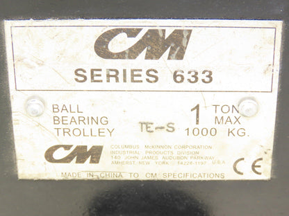 CM 633 1-Ton Plain Type Manual Push Trolley 3"-8" Flange 2000Lb