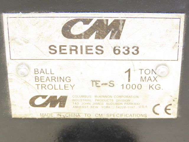 CM 633 1-Ton Plain Type Manual Push Trolley 3"-8" Flange 2000Lb
