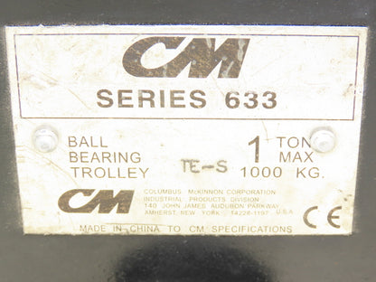 CM 633 1-Ton Plain Type Manual Push Trolley 3"-8" Flange 2000Lb