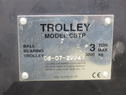 CM CBTP  3-Ton Plain Type Manual Push Trolley 3"-8.7" Flange 6000Lb
