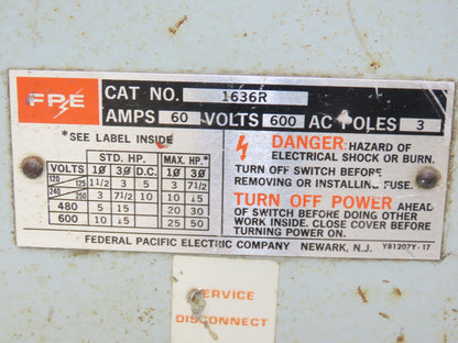 FPE 1636R Safety Disconnect Switch 60A 600VAC 50HP 3Ph Fused