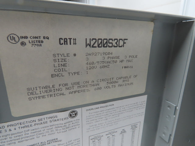 Westinghouse W200S3CF Combination Starter Enclosure Only Size 3 3ph NEMA 1