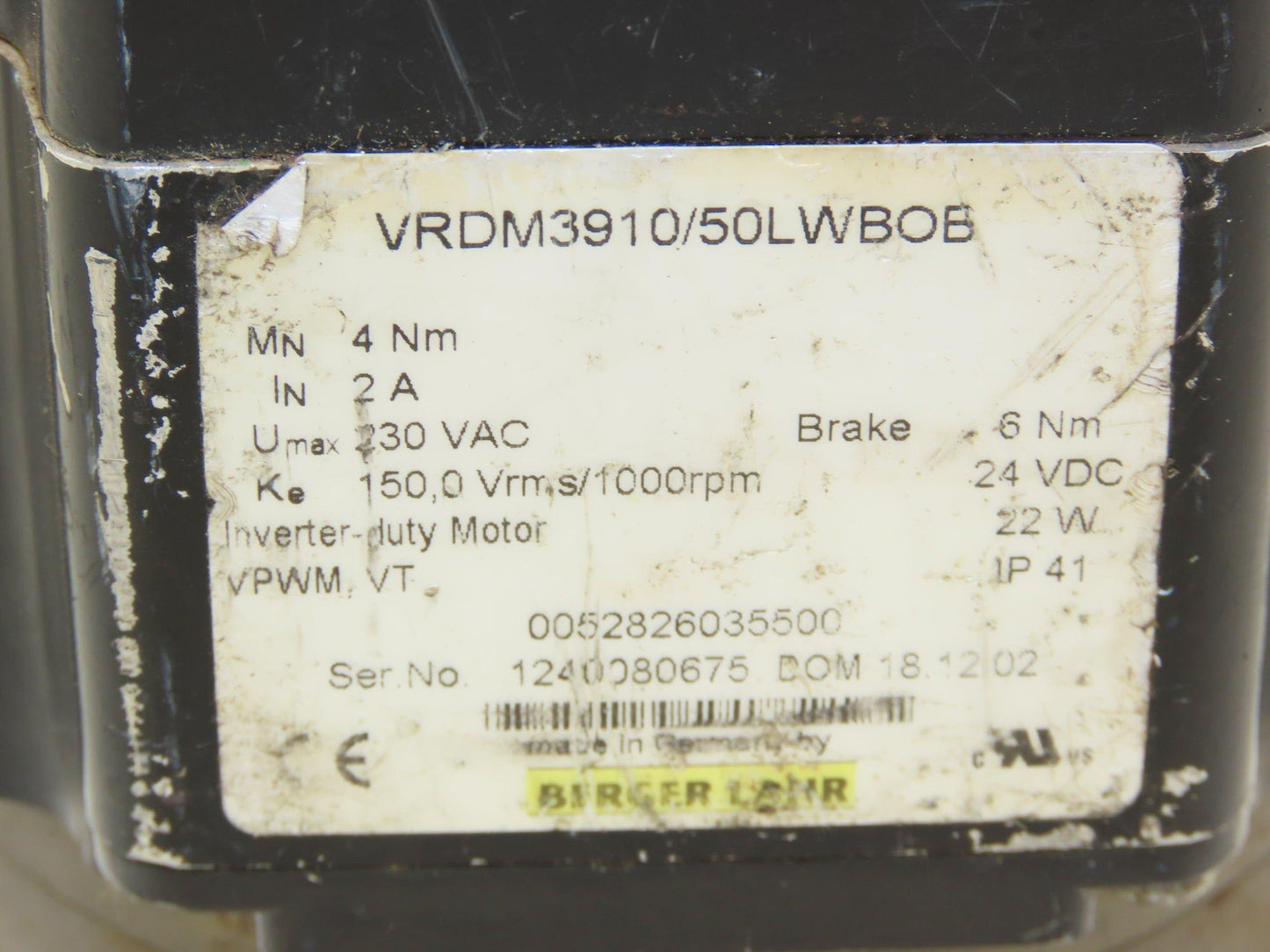 Berger Lahr VRDM3910/50LWBOB Servo Stepper Motor 230VAC w/Brake RSM 4/891.124.1S