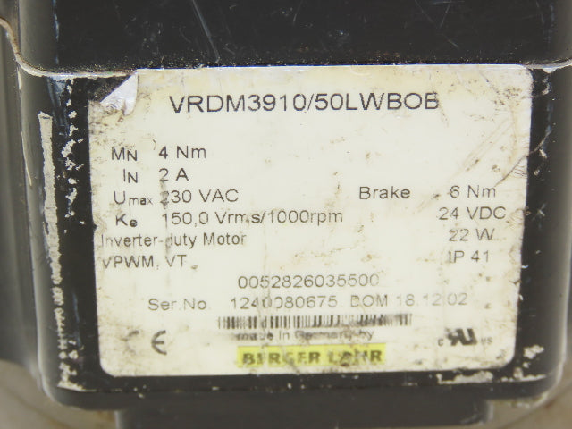 Berger Lahr VRDM3910/50LWBOB Servo Stepper Motor 230VAC w/Brake RSM 4/891.124.1S