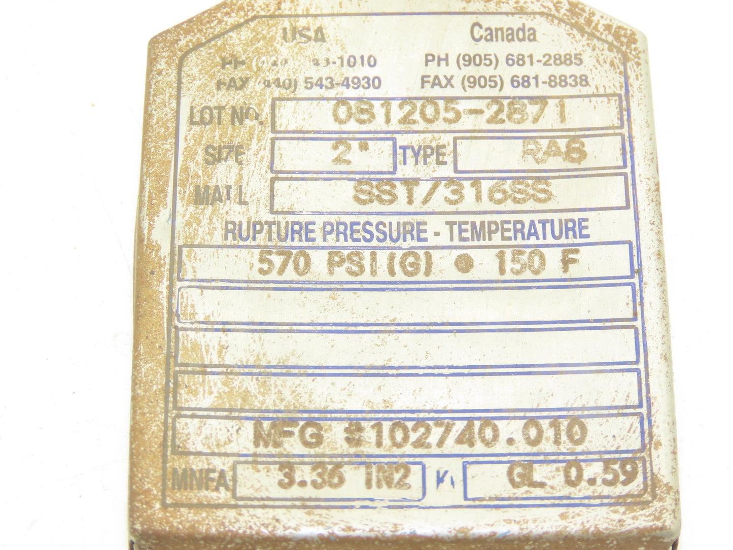 Zook RA8 2" Rupture Disc with Holder 570psi 150F SST/316SS