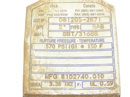 Zook RA8 2" Rupture Disc with Holder 570psi 150F SST/316SS