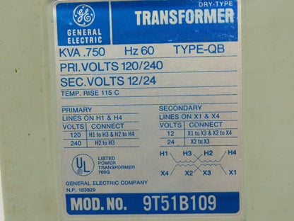 GE General Electric 9T51B109 Transformer .75kva 120/240V - 12/24V 1PH Type Q-B