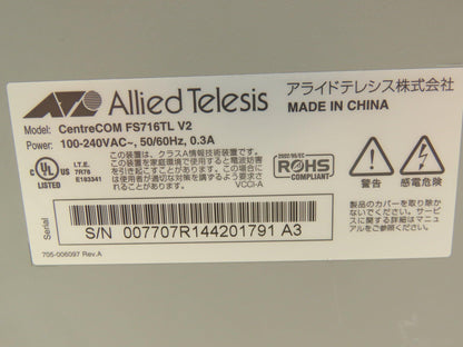 Allied Telesis FS716TL V2 Fast Ethernet Switch CentreCOM 16 Port 100-240VAC