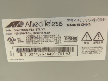 Allied Telesis FS716TL V2 Fast Ethernet Switch CentreCOM 16 Port 100-240VAC