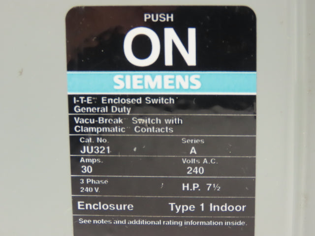 Siemens I-T-E JU321 Safety Switch Disconnect 30A 240VAC 7.5HP Non Fused