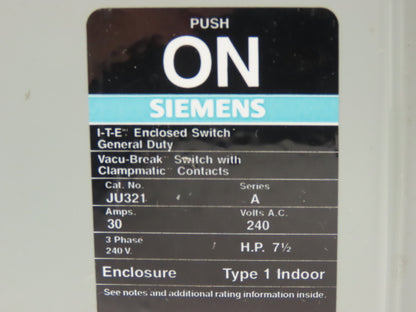 Siemens I-T-E JU321 Safety Switch Disconnect 30A 240VAC 7.5HP Non Fused