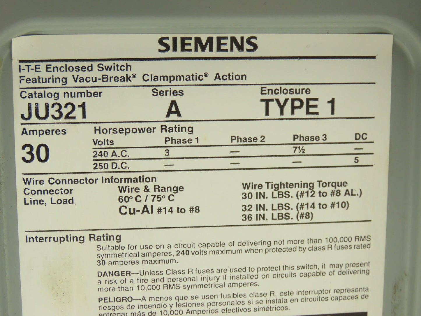Siemens I-T-E JU321 Safety Switch Disconnect 30A 240VAC 7.5HP Non Fused