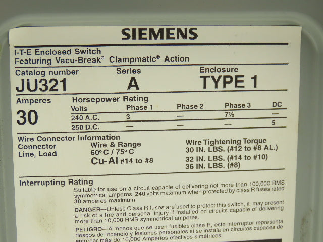 Siemens I-T-E JU321 Safety Switch Disconnect 30A 240VAC 7.5HP Non Fused