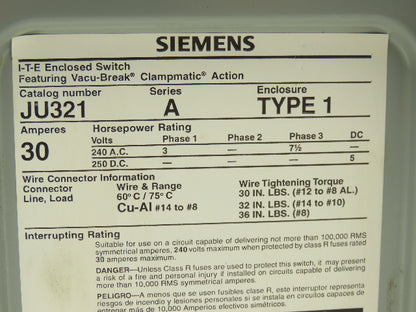 Siemens I-T-E JU321 Safety Switch Disconnect 30A 240VAC 7.5HP Non Fused