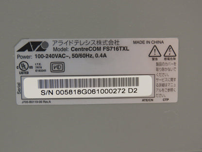 Allied Telesis FS716TXL Fast Ethernet Switch CentreCOM 16 Port 100-240VAC 0.4A