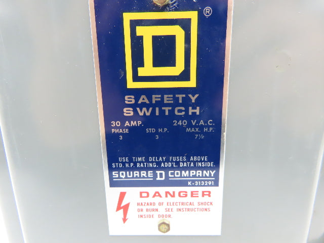 Square D H 321 Fused Safety Disconnect Switch 30A 240VAC 7.5HP 3Ph New