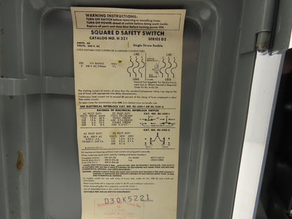 Square D H 321 Fused Safety Disconnect Switch 30A 240VAC 7.5HP 3Ph New