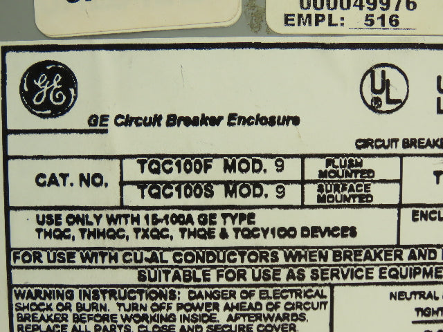 General Electric TQC100F MOD. 9 Circuit Breaker Enclosure 100A 240VAC