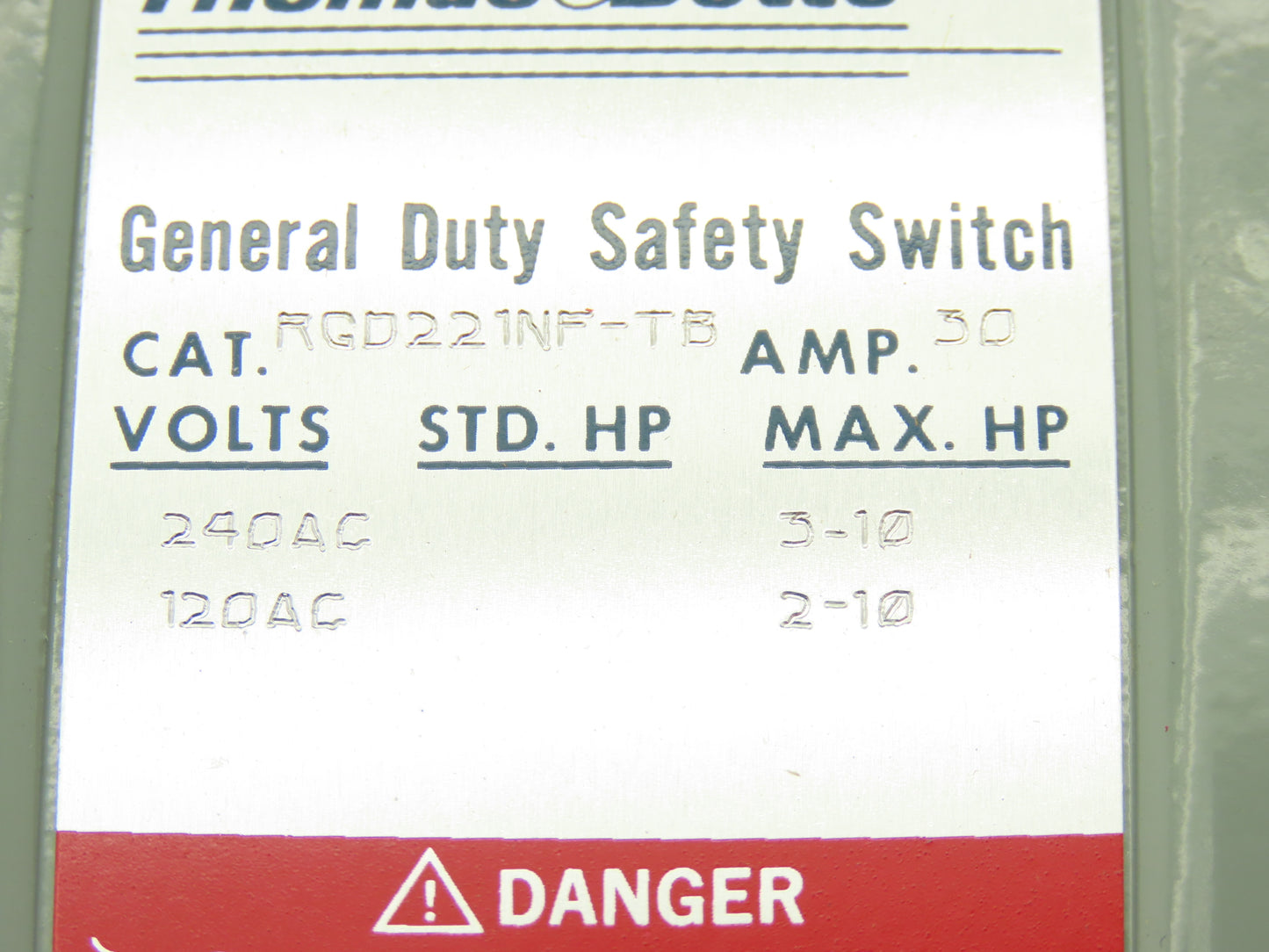 Thomas & Betts RGD221NF-TB Safety Disconnect Switch 30A 240VAC 10HP Non Fused