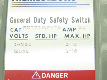 Thomas & Betts RGD221NF-TB Safety Disconnect Switch 30A 240VAC 10HP Non Fused