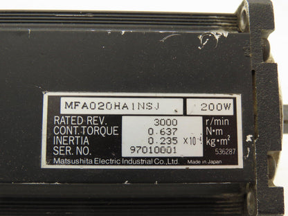 Matsushita MFA020HA1NSJ Nutrunner Servo Motor 3000rpm 0.637Nm 200W *Wires Cut*