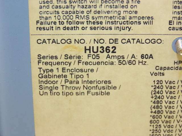 Square D HU362 Safety Disconnect Switch 60A 600VAC 60HP 3Ph Non Fused