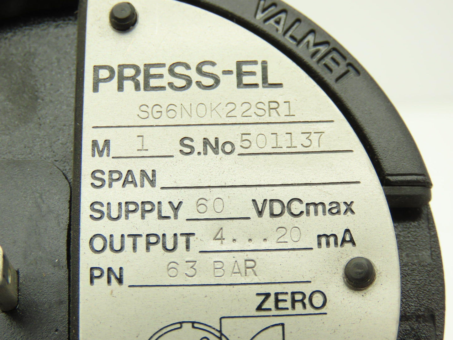 Valmet SG6N0K22SR1 Pressure Transmitter 63 Bar 60vdc 4-20mA Press-EL