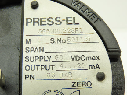 Valmet SG6N0K22SR1 Pressure Transmitter 63 Bar 60vdc 4-20mA Press-EL
