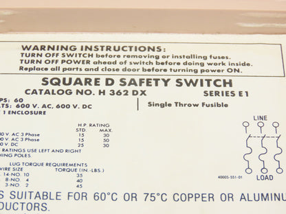 Square D H 362DX Safety Disconnect Switch 60A 600VAC 3Ph Fused