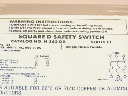 Square D H 362DX Safety Disconnect Switch 60A 600VAC 3Ph Fused